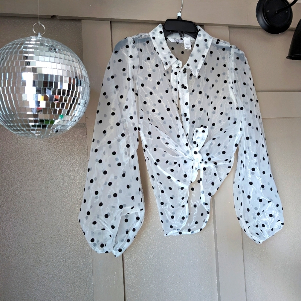 Sheer polkadot top balloon sleeves vici size small